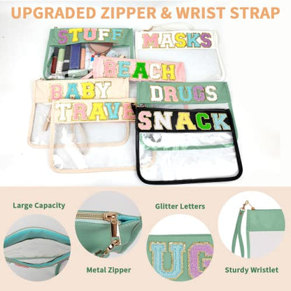 Iqimott Chenille Letter Clear Bag Drugs Pouch, Monogram PVC & PU Makeup Cosmetic Bag Zipper Toiletry Pouch, Waterproof Portable Purse Travel Beach Snack Wristlet Bags for Women Girls(Drugs,Green) - color: Drugs-NewGreen