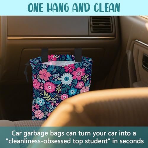 Car Garbage Bag Abstract Blue Pink Flowers Hanging Canvas Car Trash Bag Waterproof Drawstring Car Back Seat Organizer for Car Back Front Seat Console with Adjustable Buckle - color: Abstract Blue Pink Flowers