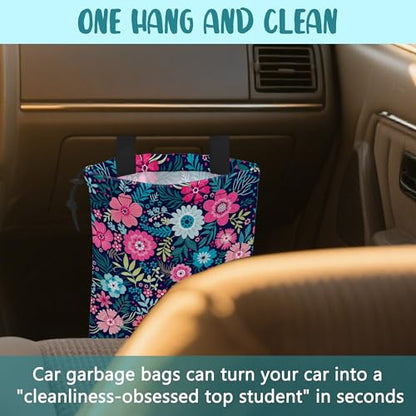 Car Garbage Bag Abstract Blue Pink Flowers Hanging Canvas Car Trash Bag Waterproof Drawstring Car Back Seat Organizer for Car Back Front Seat Console with Adjustable Buckle - color: Abstract Blue Pink Flowers