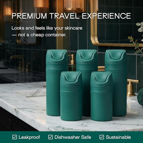 RIES Essential Refillable Toiletry Travel Bottles – Set of 5 (3.4oz & 1.7oz) Airless Pump Containers for Shampoo, Conditioner, Body, Face – Leak-Proof, TSA-Approved, Dishwasher Safe- Escapade Green - color: Escapade Green