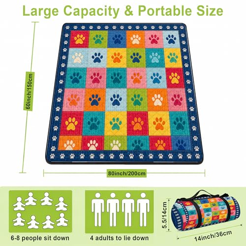 Personalized Waterproof Sandproof Beach Blanket 80''x80'', 3-Layer Foldable Picnic Blanket with Carry Strap, Camping Travel Outdoor Mat for Beach Park Hiking (Paw Print) - color: Paw Print