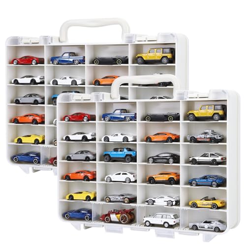 Saichotoy Storage Case for Hot Wheels - Carrying Display Case for 1/64 Scale Toy Cars, 48-Slot Double-Sided Transparent Organizer with Built-in Steps & Adjustable Dividers (2 Packs) - size: 2 Packs