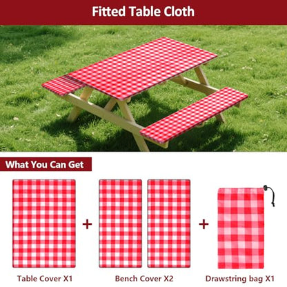 7ft Picnic Table and Bench Cover, Camping Essentials RV Gear, 84 in Waterproof Windproof Outdoor Elastic All Around Tablecloth, Fitted Rectangle Tables and Seats, Red-White Checkered - color: Red-white Checkered, size: 84"