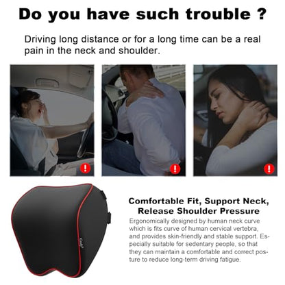 Crofy 2 Pack Car Neck Pillow, Softness Car Headrest Pillow for Driving with Adjustable Strap, 100% Memory Foam and Breathable Removable Cover, Comfortable Ergonomic Design, Black & Red - color: Black & Red
