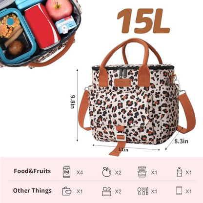 Joymee Insulated Lunch Bag for Women Reusable Leakproof - Leopard Print | Large Spacious, Cooler Lunch Bag, Adjustable Shoulder Strap, With Side Pocket, Bottle Holder, for Office Work Picnic Travel - color: Brown Leopard Print
