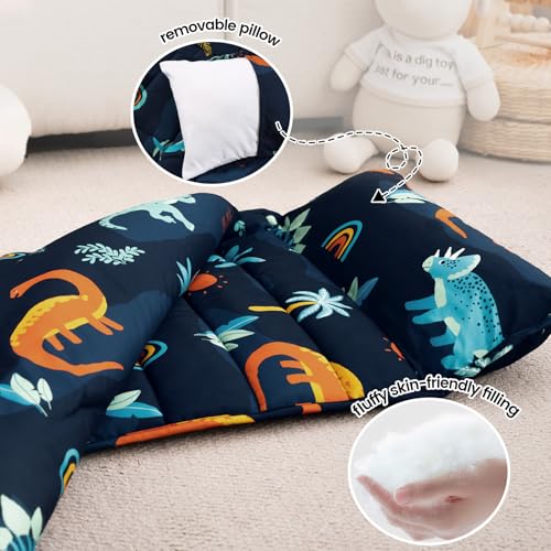 PHF Soft Toddler Nap Mat with Removable Pillow, Rollup Design Kids Sleeping Mat, Slumber Bags for Boys, 55"x23" Toddler Sleeping Bag for Daycare Preschool Travel Camping, Large Navy Dinosaur - color: Large Navy Dinosaur