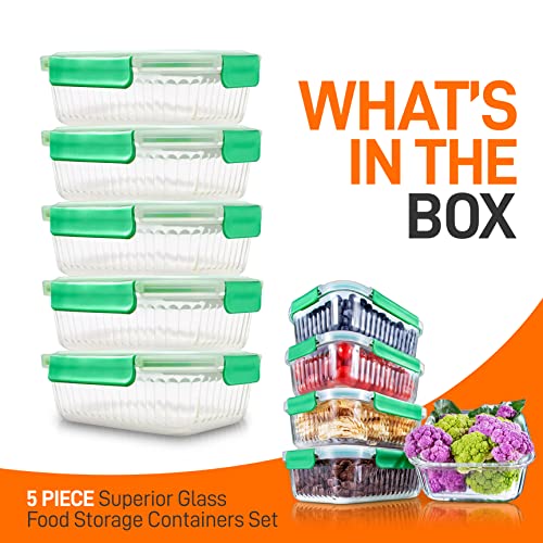 NutriChef 10-Piece Superior Glass Food Storage Containers Set (5 Containers + 5 Locking Lids),Stackable Meal-prep Design, BPA-free Airtight Clear Locking lids with Vent Lids & Air Hole, Wave - color: Wave Green