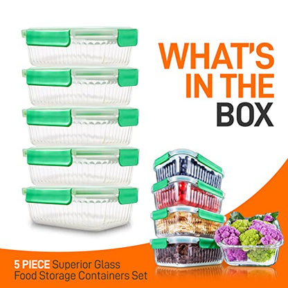 NutriChef 10-Piece Superior Glass Food Storage Containers Set (5 Containers + 5 Locking Lids),Stackable Meal-prep Design, BPA-free Airtight Clear Locking lids with Vent Lids & Air Hole, Wave - color: Wave Green