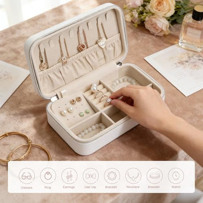 Travel Jewelry Case Stylish PU Leather Small Jewelry Case Organizer with Zipper Closure, Protects Jewelry from Scratches, Perfect Daily Companion White - color: White2
