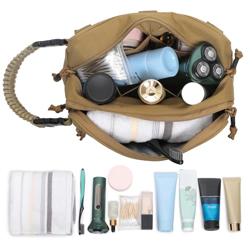 Tactical Toiletry Bag for Men Dry Wet Separate Dopp Kit Travel Hygiene Bag EDC Utility Tool Molle Pouch Mens Shaving Kit Travel shower Bags (Khaki) - color: Khaki