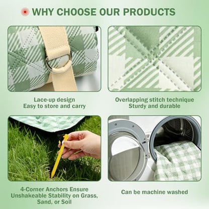 Extral Large Outdoor Waterproof Picnic Blanket With Shoulder Strap, 80"X80" 3-Layer Windproof Foldable Picnic Mat with Corner Nails, Machine Washable, Camping, Lawn Park Grass, Travel, Beach, Green