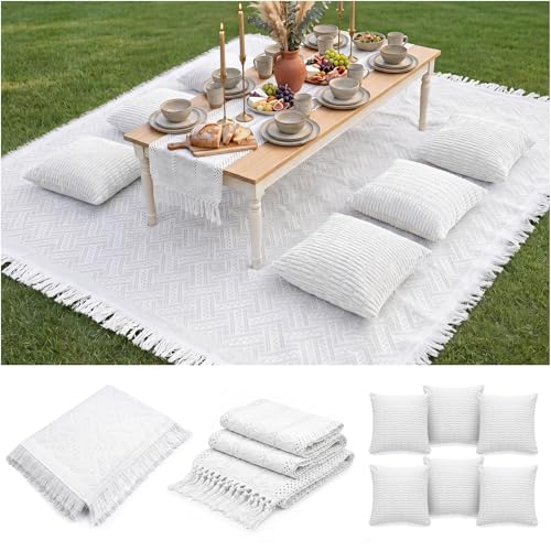 Extra Large Outdoor Boho Picnic Blanket with Low Table Runner and 6 Throw Pillows Covers Set Wedding Party Decoration Photoshoot Home Garden Party Decor Patio Lawn Mat Beach Party theme Supplies White - color: White
