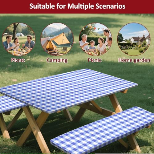 8ft Picnic Table and Bench Cover, Camping Essentials RV Gear, 96 in Waterproof Windproof Outdoor Elastic All Around Tablecloth, Fitted Rectangle Tables and Seats, Blue-White Checkered - color: Blue-white Checkered, size: 96"