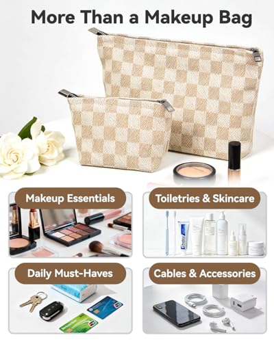 2 Pcs Checkered Makeup Bag Set Canvas Cosmetic Pouch for Women Large & Small Cute Preppy Aesthetic Travel Toiletry Pouch Organizer for Purse Skincare Brushes, Khahi - style: Khahi Checkered Canvas
