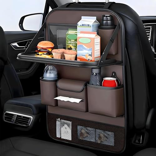 Universal Foldable Car Backseat Organizer with Table Tray, Car Seat Back Protector with Touch Screen Phone Holder, Premium Leather Kick Mats with Storage Pockets Tissue Holder (Brown) - color: Brown, size: 1 Pack