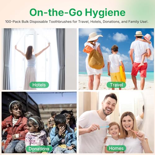 100-Pack Premium Bulk Disposable Toothbrushes, Individually Wrapped, Soft Bristles, Peanut Grip Handle for Travel, Guest Bathroom, Hotel & Emergency Kits, Family, Kids & Adults, Single Use - size: 1 Count (Pack of 100)