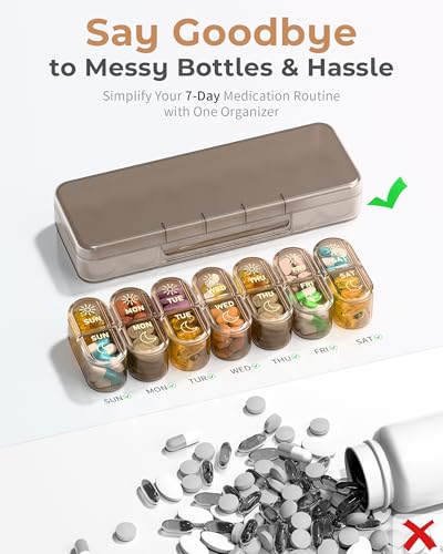 Pillex Weekly Pill Organizer 2 Times a Day, 7-Day AM PM Pill Box, Travel Pill Case, Medicine Pill Organizer for Fish Oils, Vitamins & Supplements - color: Brown