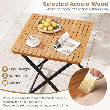 Tangkula 28-Inch Acacia Wood Patio Dining Table, Square Foldable Outdoor Table with Slatted Tabletop, Portable Outside Bistro Dining Table for Backyard, Porch, Balcony - size: 28"