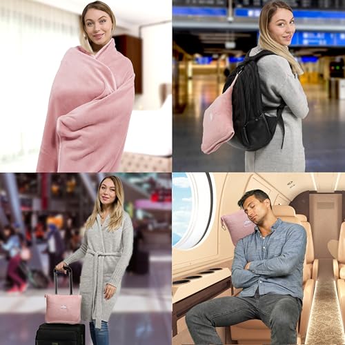 BlueHills Premium Soft Long Travel Blanket Pillow for Tall Airplane Flight Blanket 70 X48 inch Throw in Soft Bag case with Backpack Clip Compact Large Plane 2 in 1 Combo Pink T055 - color: Pink-long-t055