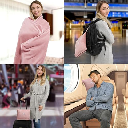 BlueHills Premium Soft Long Travel Blanket Pillow for Tall Airplane Flight Blanket 70 X48 inch Throw in Soft Bag case with Backpack Clip Compact Large Plane 2 in 1 Combo Pink T055 - color: Pink-long-t055