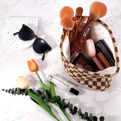 ZLFSRQ 2Pcs Checkered Makeup Bag for Women Large Small Checkered Cosmetic Bag Set Aesthetic Preppy Pencil Case Cute Pencil Pouch Brown Makeup Pouch for Purse Travel Toiletry Bags Zipper Skincare Bags - color: B-Checkered 2Pcs Mix Brown