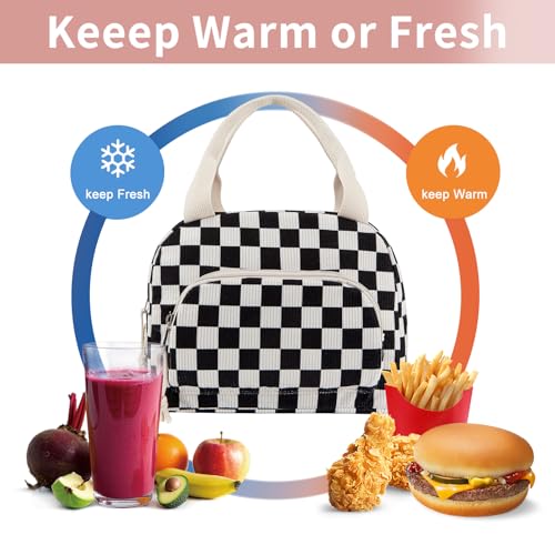 Lunch Bag Women Lunch Box for Women Adult Cute Insulated Lunch Bag Small Cooler Lunch Tote Bags for Work Picnic Travel (Black-White Plaid) - color: Black-White Plaid