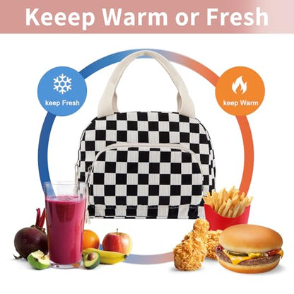 Lunch Bag Women Lunch Box for Women Adult Cute Insulated Lunch Bag Small Cooler Lunch Tote Bags for Work Picnic Travel (Black-White Plaid) - color: Black-White Plaid