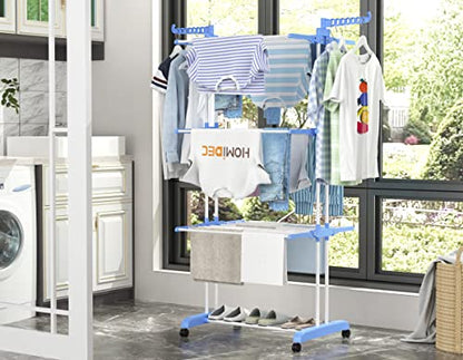 HOMIDEC Clothes Drying Rack, Large 4-Tier Foldable Drying Rack Clothing (67.7H x 19.7W x 30L Inches), Movable with 4 Castors. Multifunctional Stainless Steel Laundry Drying Rack, Blue - color: Blue