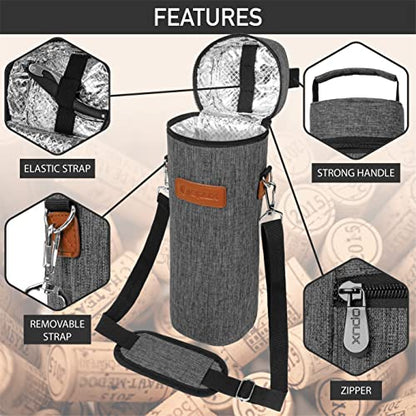 opux Wine Bag Single Bottle Carrier Tote, Insulated Wine Cooler Bag for Travel Picnic Beach with Shoulder Strap, Thermal One Bottle Holder Carrying Case Wine Gift for Women Men, Charcoal Gray - color: Charcoal Gray