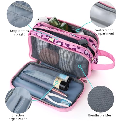 Cheetah Kids Toiletry Bag for Girls, Travel Toiletry Bag for Little Young Girls Cosmetic Bag Makeup Bag Waterproof Hanging Wash Bag Toddler Toiletries, Pink Leopard - color: Cheetah-Pink