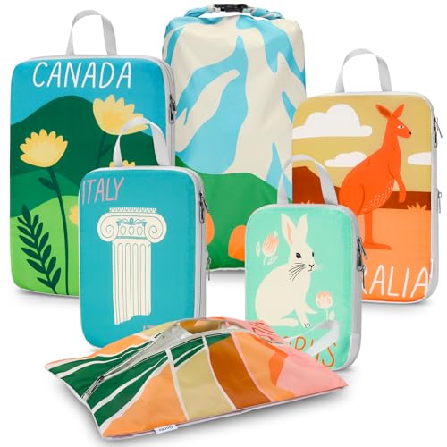 Gonex Compression Packing Cubes, 6pcs Expandable Storage Travel Luggage Bags Organizers with Shoe Bag Laundry Bag, Travel Cubes for Suitcase Carry On (Global Symbols) - color: 6-Global Symbols, size: 6 Set