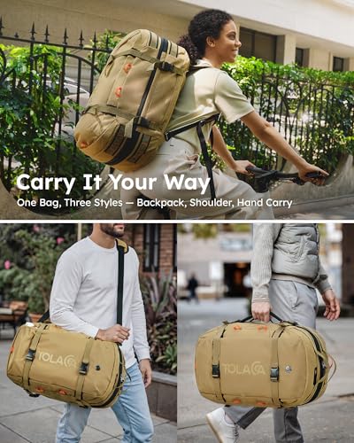 Tolaccea Travel Backpack for Men Women, 40L-50L Carry On Backpack with Wet Dry Compartment, TSA Approved Laptop Daypack Fits 15.6", Convertible Expandable Large Rucksack Duffel Bag for Work Travel - color: Khaki