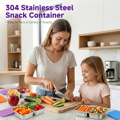 3-Pack Stainless Steel Snack Containers with Lid - 15oz Divided BPA-Free Metal Bento Box - Leak-Proof Reusable Food Storage Containers for Meal Prep Picnic Gym Office - Eco-Friendly, Dishwasher Safe