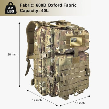 Hannibal Tactical MOLLE Assault Backpack, Tactical Backpack Military Army Camping Rucksack, 3-Day Pack Trip w/USA Flag Patch, D-Rings, Cp - color: Cp