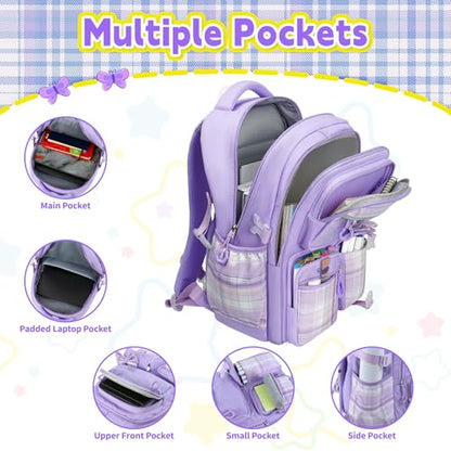 Girls Backpack with Lunch Box Set, 5pc Purple Cute Kawaii Bookbag for Teens, Aesthetic School Backpack for Elementary - color: Purple
