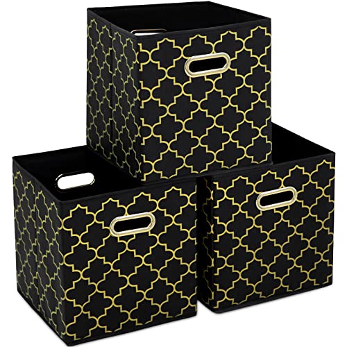 Fabric storage bins Cubes, Fabric Cube Organizer with Handle, Foldable Cube Bins for Cloth or Accessary Storage, 11x11x11, Set of 3, (Black Gold) - color: Black Gold, size: 3 Pack