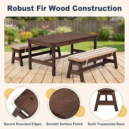 HONEY JOY Kids Picnic Table, Large 42“x 23” Tabletop, Fir Wood Toddler Outdoor Table & Bench Set w/Removable Cushions & Umbrella, Children Backyard Furniture for Patio Garden, Seats for 4 (Walnut) - color: Walnut