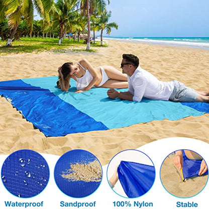 BYDOLL Nylon Beach Blanket Waterproof Sandproof Oversized 7'x7' Suits 1-5 Adults Sand Free Extra Large Blanket Lightweight Soft Picnic Mat for Beach Travel Camping - color: Blue2, size: 7'x 7'