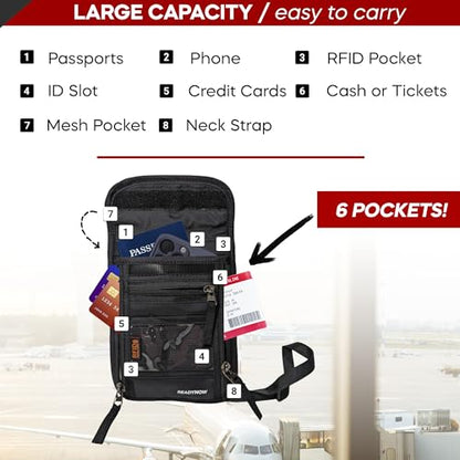Travel Neck Wallet Passport Holder with RFID Blocking – Lightweight Pouch, Secure Organizer with 3 Zipper Pockets, ID Window, Adjustable Strap, Breathable Mesh Back – 8"x6" - style: Velcro Pocket Neck Wallet