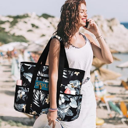 Becokan Beach Bags for Women Large Beach Tote Bag with Zipper Pockets Beach Bag Waterproof Sandproof Travel Nurse Tote Bag - color: Black Flowers
