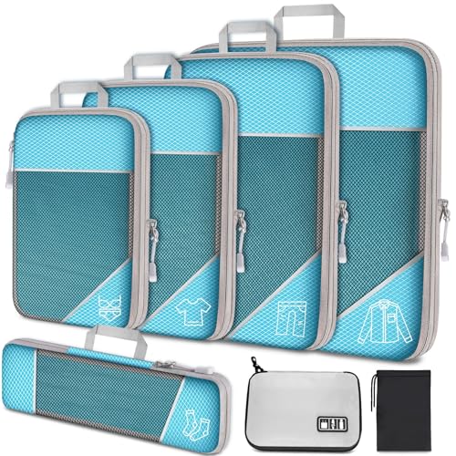 NiHome 7PCS Compression Packing Cube Set Expandable Mesh Travel Bag Luggage Organizers with Electronic Cable Cord Charger Organizer Drawstring Bag for Trip Home Storage Travel Gear Accessories (Blue) - color: Blue
