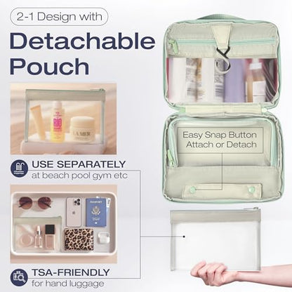 KAZAY Hanging Toiletry Bag with TSA Approved Detachable Pouch, Compact Travel Size Bag, Travel Toiletry Bag, Water Resistant, Premium Nylon, Travel Size Toiletries, Cosmetic Makeup Bag (Sage Green) - color: Sage Green