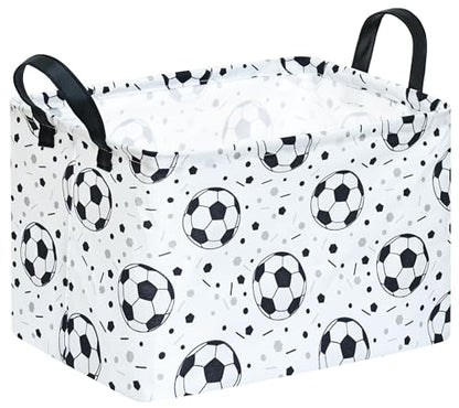 Kids Storage Basket with Soccer Print, 14.5" x 10.2" x 9.1", Waterproof with Leather Handles, Collapsible Rectangular Bin for Boys Sports Gear, Toys & Laundry - color: Black dot soccer