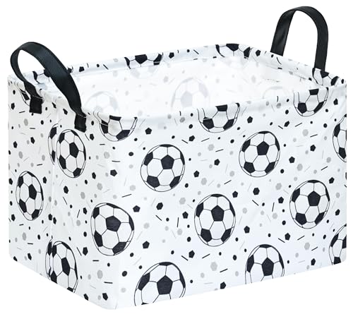 Kids Storage Basket with Soccer Print, 14.5" x 10.2" x 9.1", Waterproof with Leather Handles, Collapsible Rectangular Bin for Boys Sports Gear, Toys & Laundry - color: Black dot soccer