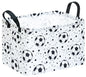 Kids Storage Basket with Soccer Print, 14.5" x 10.2" x 9.1", Waterproof with Leather Handles, Collapsible Rectangular Bin for Boys Sports Gear, Toys & Laundry - color: Black dot soccer