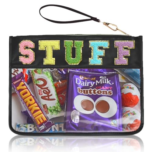 Chenille Letter Clear Zipper Pouch for Travel Preppy Stuff Bag Aesthetic Storage Organizer Pouches for Women with Glitter Patch Letters (Black-Stuff) - color: HS-STUFF