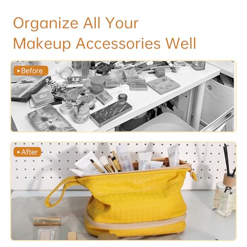 Abiudeng Large Capacity Makeup Bag Ladies Cosmetic Bag Travel Bag with Compartments Portable PU Leather Travel Makeup Bag with Handle - color: Lozenge-Yellow