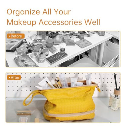 Abiudeng Large Capacity Makeup Bag Ladies Cosmetic Bag Travel Bag with Compartments Portable PU Leather Travel Makeup Bag with Handle - color: Lozenge-Yellow