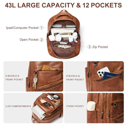LATMAP Backpack for Women Men - Vegan Leather Backpack Purse Travel Carry-on Bag College Bookbag Work fits 16.5" Laptop, Brown - color: Brown