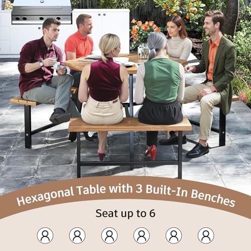 Tangkula 6 Person Acacia Wood Picnic Table, Outdoor Hexagonal Table and Bench Set with 3 Built-in Benches, Umbrella Hole & Metal Frame for Patio Backyard Garden Poolside